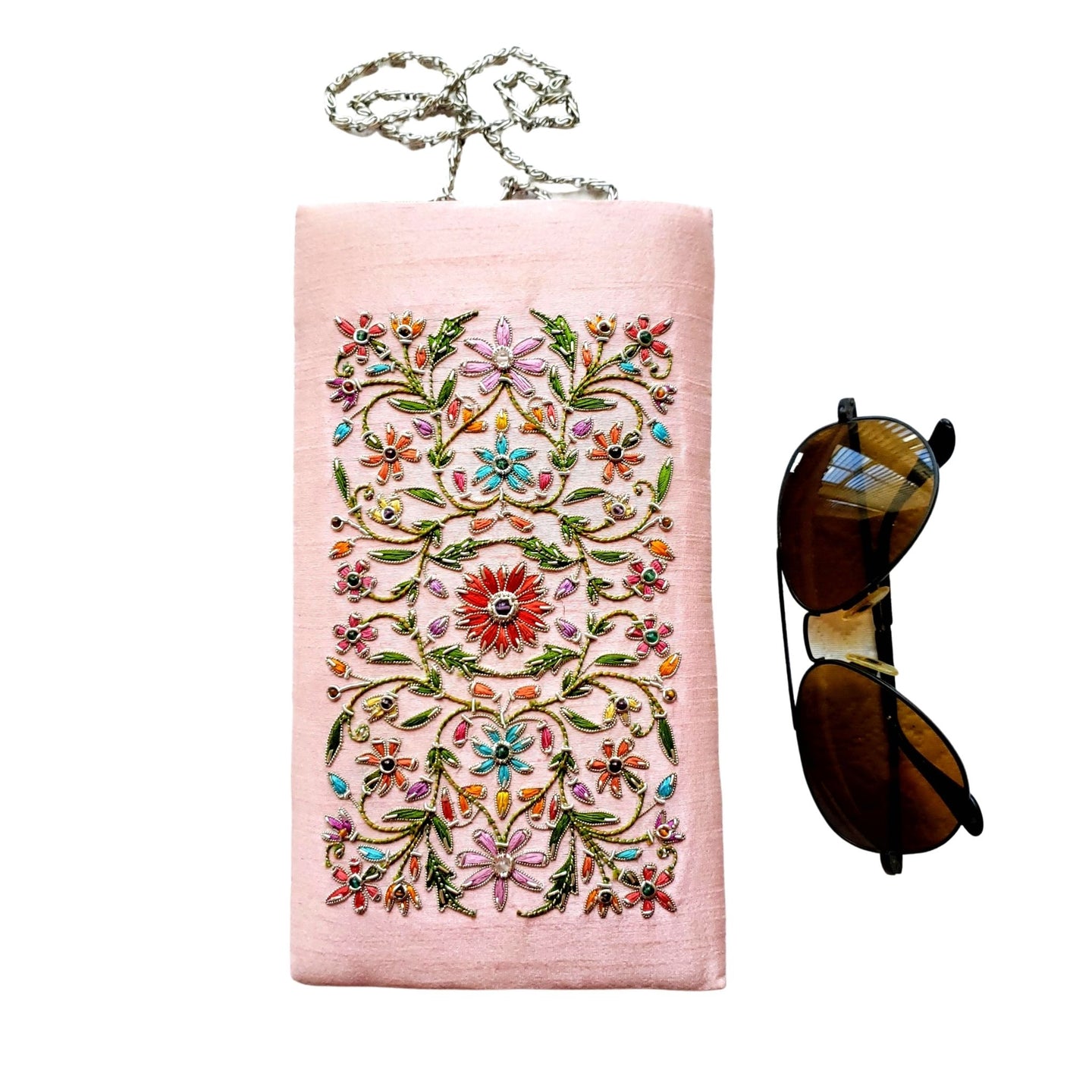 Pink silk soft eyeglasses case, sunglasses case, hand embroidered with multicolor flowers.