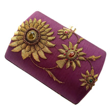 Load image into Gallery viewer, Purple and copper zardozi embroidered floral clutch bag embellished with tiger eye gemstone. 

