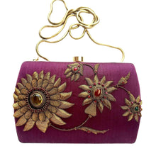 Load image into Gallery viewer, Purple silk luxury minaudiere embroidered with metallic copper flowers and inlaid with gemstones.