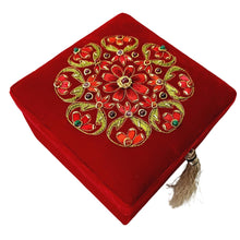 Load image into Gallery viewer, Red velvet embroidered small square jewelry box BoutiquebyMariam.