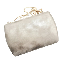 Load image into Gallery viewer, Rear view gold tone leatherette box clutch.