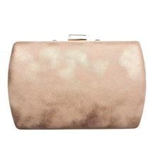 Load image into Gallery viewer, Rear view rose gold leatherette box clutch. 
