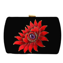 Load image into Gallery viewer, Embroidered black velvet clutch with red flower with amethyst and rubies BoutiqueByMariam.
