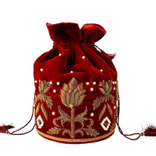 Load image into Gallery viewer, Embroidered red velvet potli bag with bronze zardozi embroidery and beads BoutiqueByMariam.