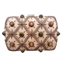 Load image into Gallery viewer, Rose gold minaudiere clutch embroidered with copper and inlaid with jade and carnelian gemstones.
