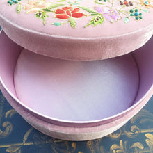 Load image into Gallery viewer, Round velvet keepsake box interior view with satin lining BoutiqueByMariam.