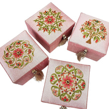 Load image into Gallery viewer, Set of four small pink jewelry boxes embroidered with coral colored flower and gemstones BoutiqueByMariam.