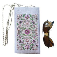 Load image into Gallery viewer, Silver grey silk soft sunglasses case eyeglasses case with chain embroidered with purple flowers.