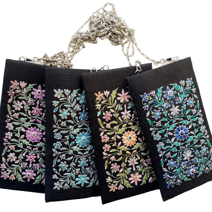 Slim black crossbody bag with chain hand embroidered with purple, blue, multicolor flowers, zardozi purse. 