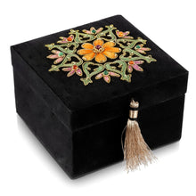 Load image into Gallery viewer, Small black silk keepsake box embroidered with orange flower and ruby gemstone.