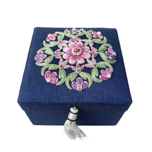 Load image into Gallery viewer, Small navy blue keepsake box embroidered with pink flower-BoutiqueByMariam.