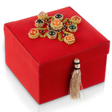 Load image into Gallery viewer, Small square red silk jewelry storage box embroidered with gold and embellished with carnelian, jade, garnet gemstones. 
