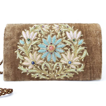 Load image into Gallery viewer, Luxury tan brown velvet evening clutch bag embroidered with large central floral wreath in pastel blue and pink colors and embellished with genuine gemstones, floral wedding clutch, brown and multicolor zardozi purse.
