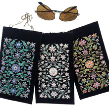 Load image into Gallery viewer, Three black eyeglasses cases sunglasses cases hand embroidered and inlaid with gemstones, zardozi crossbody bag. 
