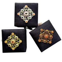 Load image into Gallery viewer, Three black silk small luxury keepsake boxes hand embroidered in gold, silver, copper and inlaid with gemstones.
