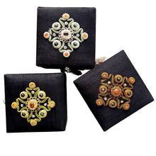 Load image into Gallery viewer, Three black silk small luxury keepsake boxes hand embroidered in gold, silver, copper and inlaid with gemstones.