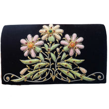 Load image into Gallery viewer, Luxury black velvet evening clutch bag embroidered with three daisy flowers in pastel pink and orange color and embellished with genuine gemstones, floral wedding clutch, black and pink and orange zardozi purse.