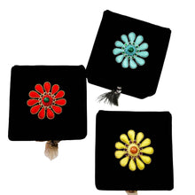 Load image into Gallery viewer, Three square black velvet jewelry storage boxes embroidered with central squash blossom flower in red, turquoise blue, or yellow BoutiqueByMariam.
