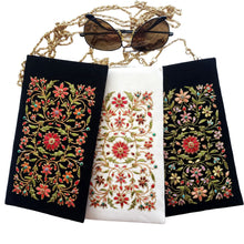 Load image into Gallery viewer, Three sunglasses cases on chain hand embroidered with floral pattern, zardozi crossbody bag.
