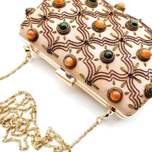 Load image into Gallery viewer, Rose gold box clutch bag embroidered with arabesque and inlaid with jade and carnelian gemstones, zardozi purse. 
