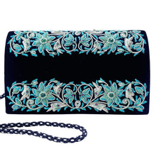 Load image into Gallery viewer, Luxury black velvet evening clutch bag hand embroidered with turquoise colored flowers and embellished with genuine turquoise and garnet gemstones, floral wedding clutch, black and turquoise zardozi purse.