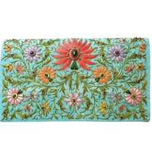 Load image into Gallery viewer, Turquoise silk handbag embroidered with coral colored lotus flower BoutiqueByMariam.