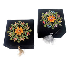 Load image into Gallery viewer, Two black silk jewelry storage boxes embroidered with orange flowers with gold tassel or silver tassel. 

