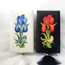 Load image into Gallery viewer, Two hand embroidered keepsake boxes with bird and iris flower. 
