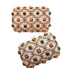 Load image into Gallery viewer, Two Moroccan style embroidered box clutches, one in gold and one in rose gold leatherette with jade and carnelian gemstones.