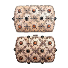 Load image into Gallery viewer, Two rose gold box clutches, one embroidered with copper and the other embroidered with silver and embellished with jade and carnelian gemstones. 
