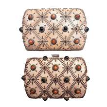 Load image into Gallery viewer, Two rose gold box clutches, one embroidered with copper and the other embroidered with silver and embellished with jade and carnelian gemstones.