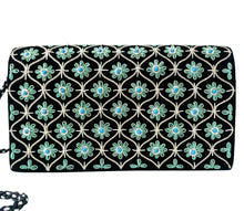 Load image into Gallery viewer, Luxury black velvet evening clutch bag embroidered in a silver geometric diamond trellis pattern with small teal blue flowers embellished with genuine turquoise gemstones, wedding clutch, black and silver zardozi purse.