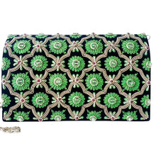 Load image into Gallery viewer, Luxury black velvet evening clutch bag embroidered with silver cloverleaf pattern and green flowers and embellished with quartz and garnet gemstones, formal purse, black and silver and green zardozi purse.