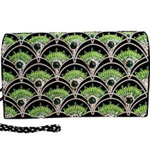 Load image into Gallery viewer, Art Deco inspired luxury black velvet evening clutch bag embroidered with green and silver peacock feather pattern or fish scale pattern and embellished with jade gemstones, formal clutch, black and silver and green zardozi purse.
