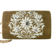 Load image into Gallery viewer, Luxury tan brown velvet evening clutch bag embroidered with large central floral wreath in white silver color and embellished with genuine amethyst and garnet gemstones, floral wedding clutch, brown and silver zardozi purse.