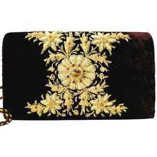 Load image into Gallery viewer, Chocolate brown velvet evening clutch bag embroidered with yellow gold central flower and radiating leaves and embellished with genuine tiger eye and garnet gemstones, floral wedding clutch, brown and gold zardozi purse.