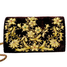 Load image into Gallery viewer, Chocolate brown velvet luxury designer evening clutch bag embroidered with yellow gold flowers and embellished with genuine gemstones, floral wedding clutch, brown gold zardozi purse.