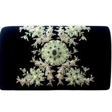 Load image into Gallery viewer, Luxury black velvet evening clutch bag embroidered with green colored central flower and radiating silver leaves and embellished with genuine jade and garnet gemstones, floral wedding clutch, black and silver and green zardozi purse.