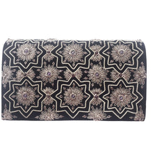 Load image into Gallery viewer, Luxury black velvet evening clutch bag embroidered with geometric pattern of eight sided stars and flowers in antique silver and embellished with genuine quartz and garnet gemstones, formal clutch, silver and black zardozi purse.
