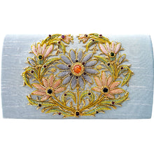 Load image into Gallery viewer, Luxury pastel blue dupioni silk evening clutch bag embroidered with large central floral wreath in pastel blue, pink and orange and embellished with genuine gemstones, floral wedding clutch, baby blue and multicolor zardozi purse