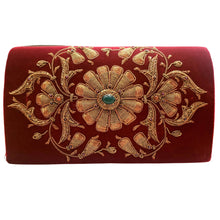 Load image into Gallery viewer, Velvet Clutch Embroidered with Copper Flower Medallion
