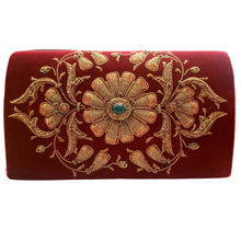 Load image into Gallery viewer, Luxury red velvet evening clutch bag embroidered with large central flower in antique gold and embellished with genuine gemstones, floral wedding clutch, gold and red zardozi purse.