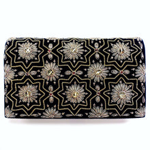 Load image into Gallery viewer, Luxury black velvet evening clutch bag embroidered with geometric pattern of eight sided stars and flowers in white silver color and embellished with genuine quartz and garnet gemstones, formal clutch, silver and black zardozi purse.