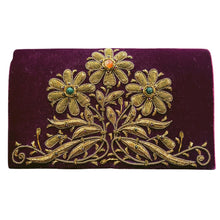 Load image into Gallery viewer, Luxury maroon red velvet evening clutch bag embroidered with three daisy flowers in antique gold color and embellished with genuine gemstones, floral wedding clutch, red and antique gold zardozi purse.