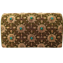 Load image into Gallery viewer, Luxury olive green velvet evening clutch bag embroidered with antique gold arabesque arches and flowers and embellished with genuine green onyx gemstones, formal clutch, green and gold zardozi purse.