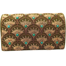 Load image into Gallery viewer, Art Deco inspired luxury olive green velvet evening clutch bag embroidered with peacock feather pattern or fish scale pattern in antique gold color and embellished with green onyx gemstones, formal clutch, green and gold zardozi purse.