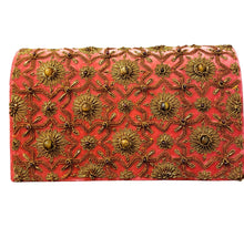 Load image into Gallery viewer, Bright coral velvet luxury handbag embroidered with antique gold metallic stars and inlaid with tiger eye and garnet gemstones.
