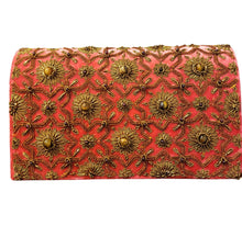 Load image into Gallery viewer, Luxury coral orange velvet evening clutch bag embroidered with geometric pattern of antique gold eight sided star and flowers and embellished with tiger eye and garnet gemstones, formal purse, orange and gold zardozi purse.