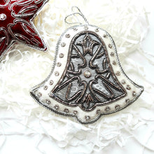 Load image into Gallery viewer, Hand embroidered white velvet bell Christmas ornament with silver accents.