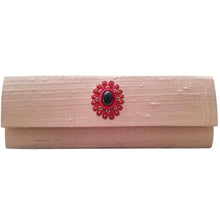 Load image into Gallery viewer, Dupioni Silk Slim Clutch with Flower Medallion